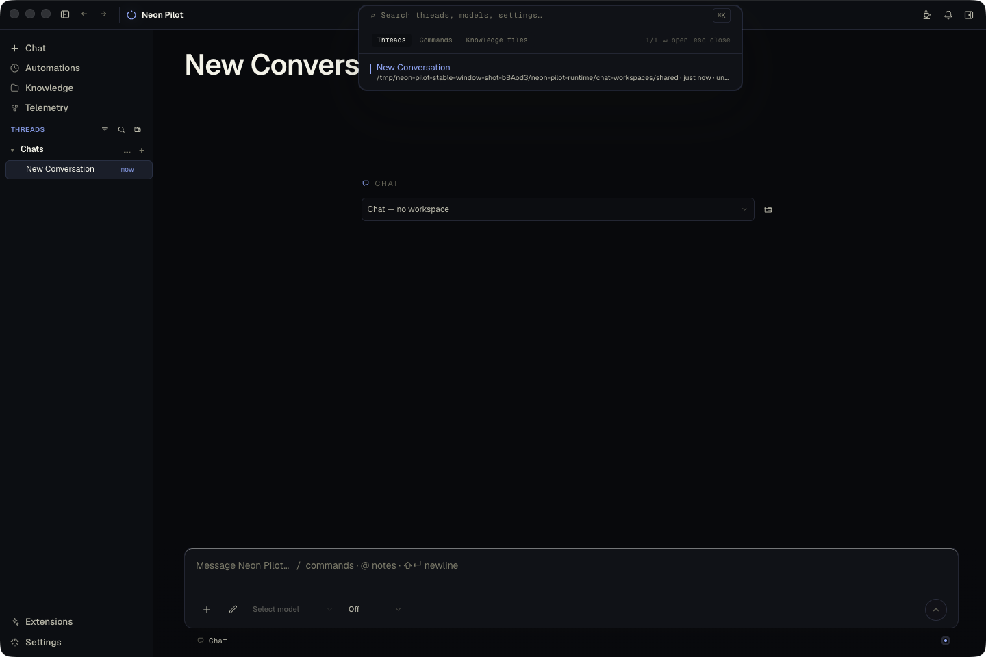 Neon Pilot command palette screenshot.