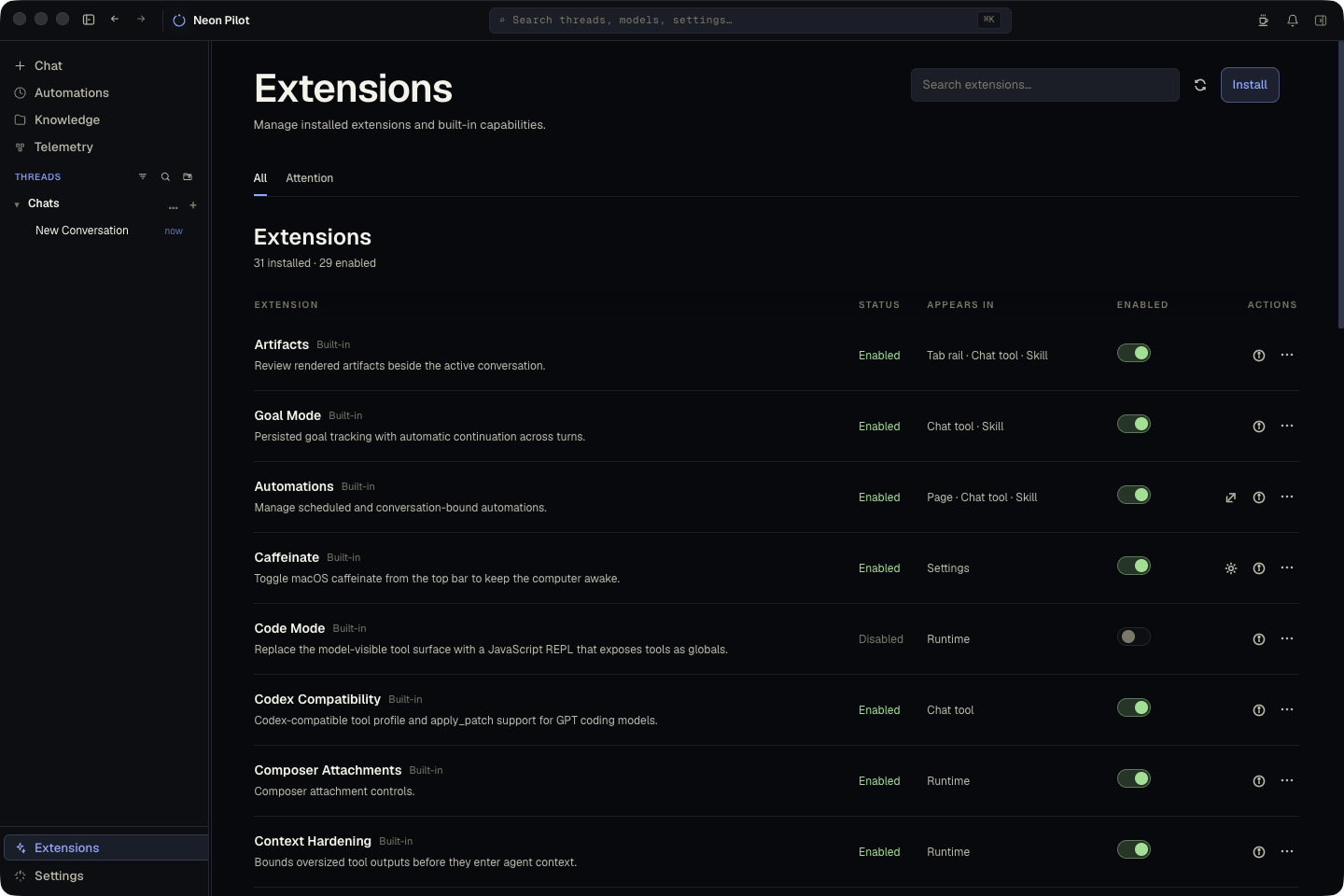 Neon Pilot extensions settings screenshot.