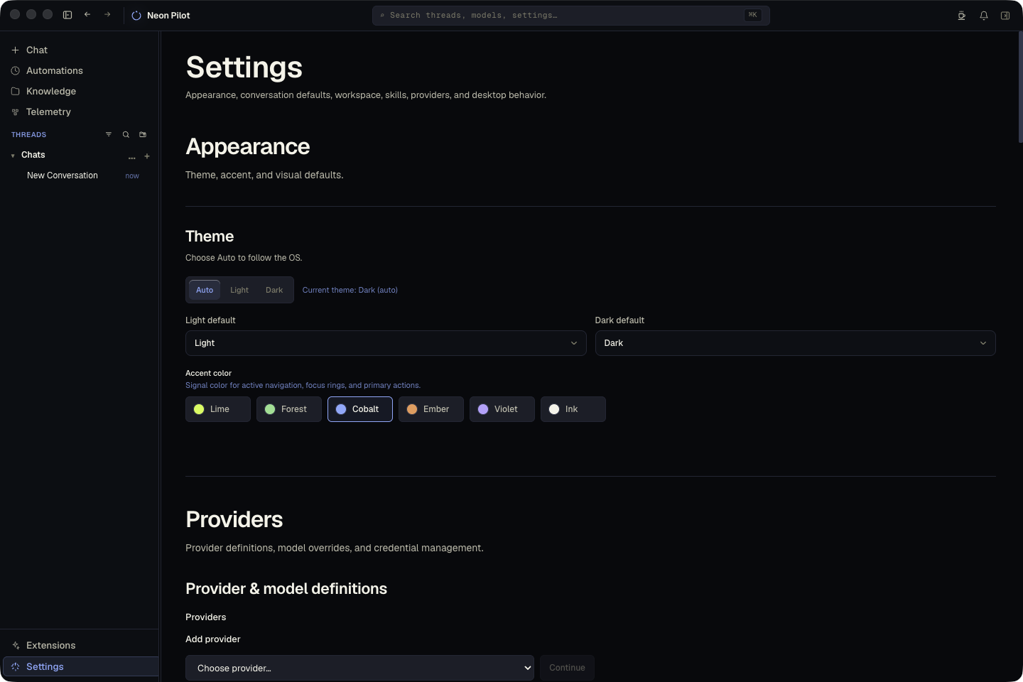 Model provider settings in Neon Pilot.