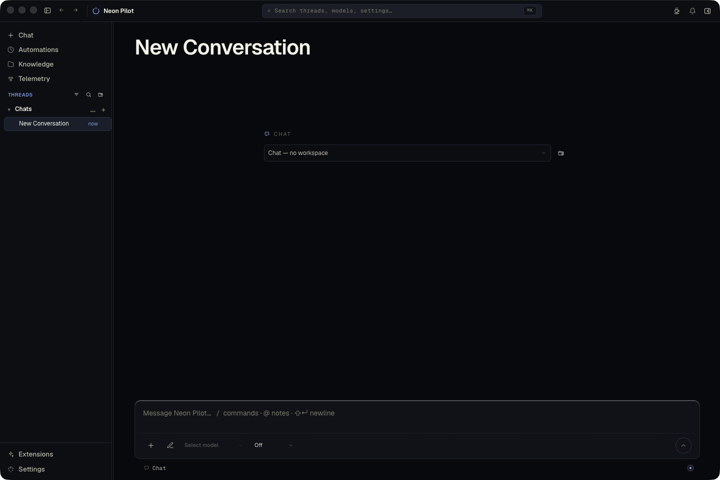 Neon Pilot desktop app showing a local workspace, conversation, workbench, and file explorer.